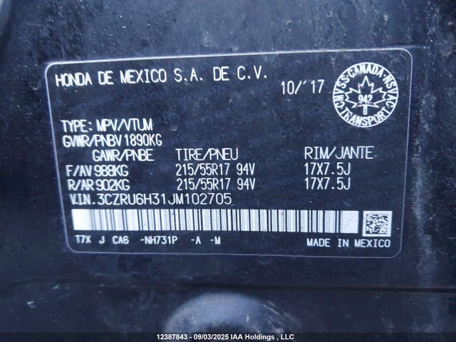 3CZRU6H31JM102705 Honda r18z9