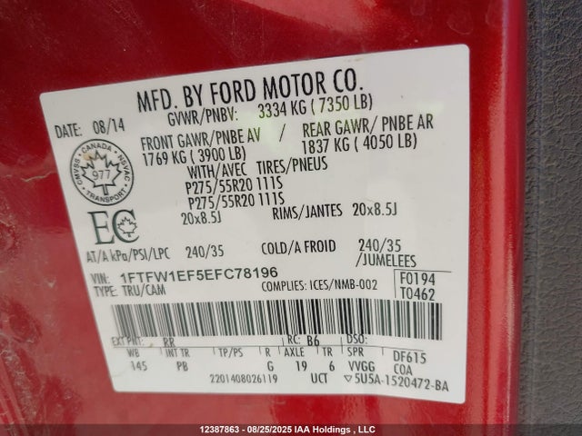 2014 Ford F150 Supercrew მანქანა იყიდება აუქციონზე, vin: 1FTFW1EF5EFC78196, აუქციონის ნომერი: 12387863