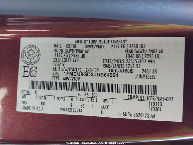 1FMCU9GDXJUB64554 Ford 1.5l gtdi sigma w/premium fuel