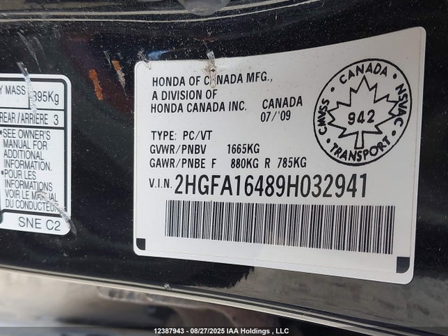 2009 Honda Civic Dx-g მანქანა იყიდება აუქციონზე, vin: 2HGFA16489H032941, აუქციონის ნომერი: 12387943