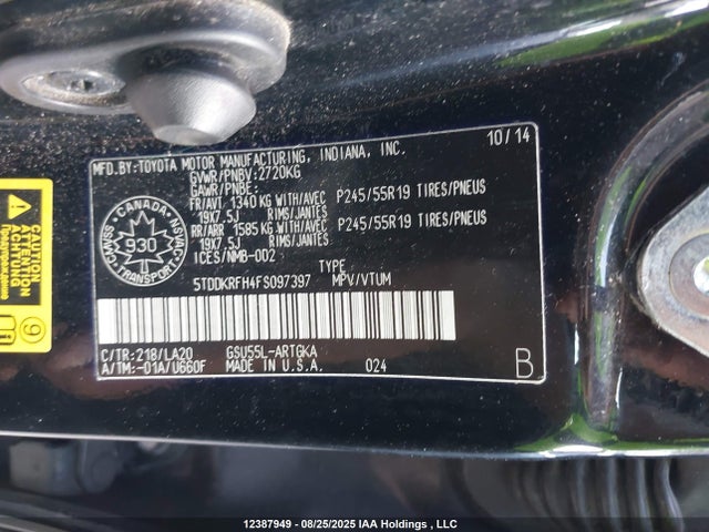 Toyota 2gr-fe 2015 5TDDKRFH4FS097397 Image 9