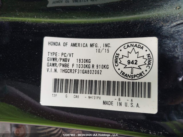 1HGCR2F31GA802062 Honda k24w1
