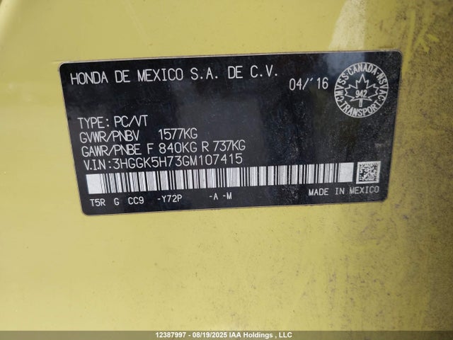 3HGGK5H73GM107415 Honda l15b1