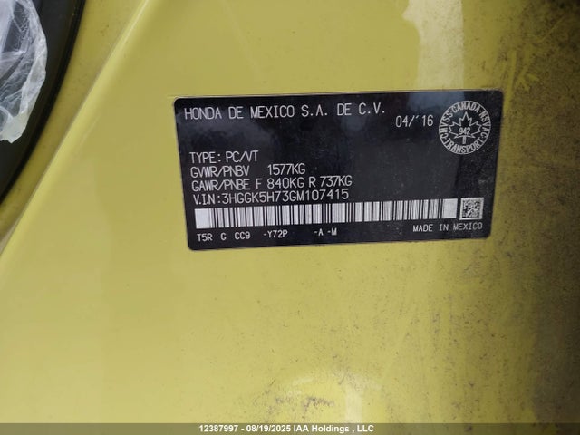 3HGGK5H73GM107415 Honda l15b1