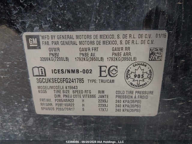 3GCUKSEC6FG241785 Chevrolet l83 - vvt, active fuel management, aluminum