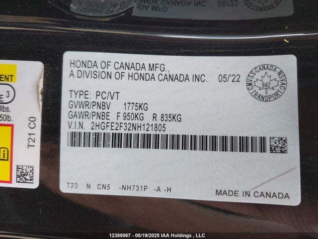 Honda 2022 2022 2HGFE2F32NH121805 Image 9