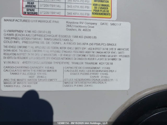 4YDT17213JJ970359 Keystone 2018