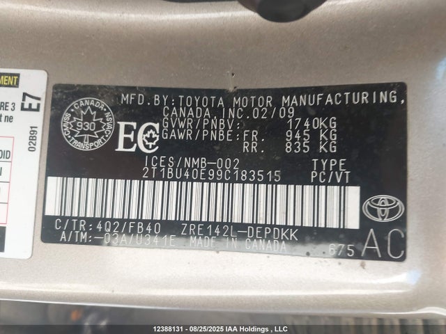 Продаж на аукціоні авто 2009 Toyota Corolla S/le/xle, vin: 2T1BU40E99C183515, номер лоту: 12388131