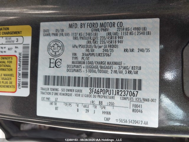 3FA6P0PU1JR237067 Ford 2.0l 4v atk hev