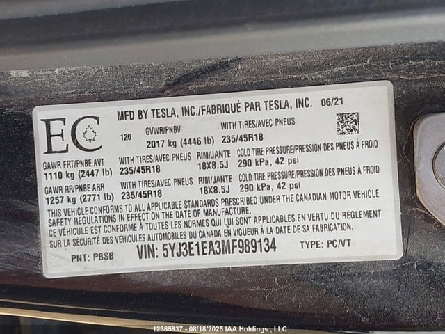 Tesla MODEL 3 2021 5YJ3E1EA3MF989134 Image 9