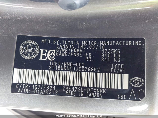 2T1BURHE1JC078862 Toyota 2zr-fe