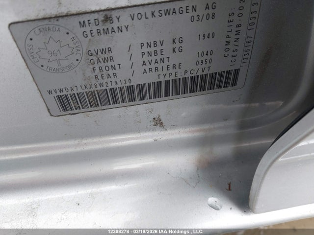 12388278 :رقم المزاد ، WVWDA71KX8W279120 vin ، 2008 Volkswagen Rabbit مزاد بيع