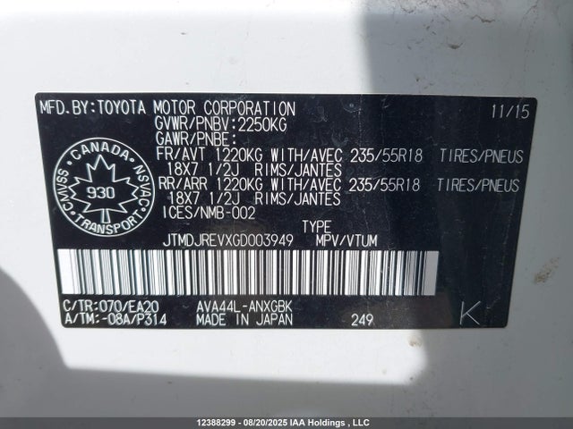 JTMDJREVXGD003949 Toyota 2ar-fxe, 2jm+2fm