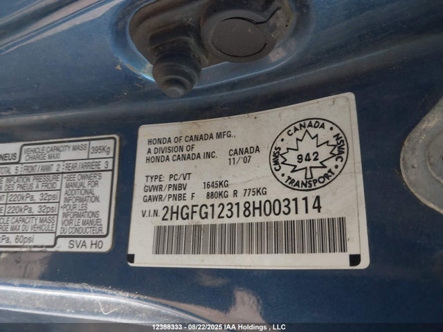 Продажа на аукционе авто 2008 Honda Civic Dx-g, vin: 2HGFG12318H003114, номер лота: 12388333