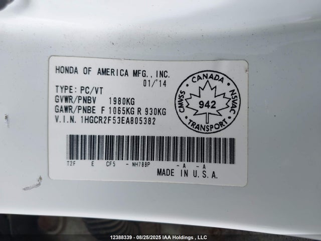 Honda k24w1 2014 1HGCR2F53EA805382 Image 9