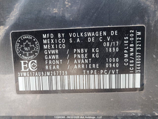 3VWG17AU9JM257739 Volkswagen 2018