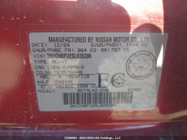 3N1CN8FV2SL828396 Nissan Versa