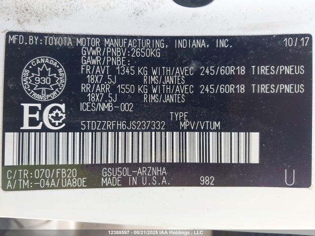 Toyota 2gr-fks 2018 5TDZZRFH6JS237332 Image 9