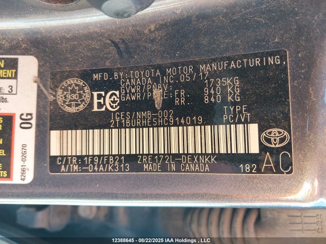 2T1BURHE5HC914019 Toyota 2zr-fe