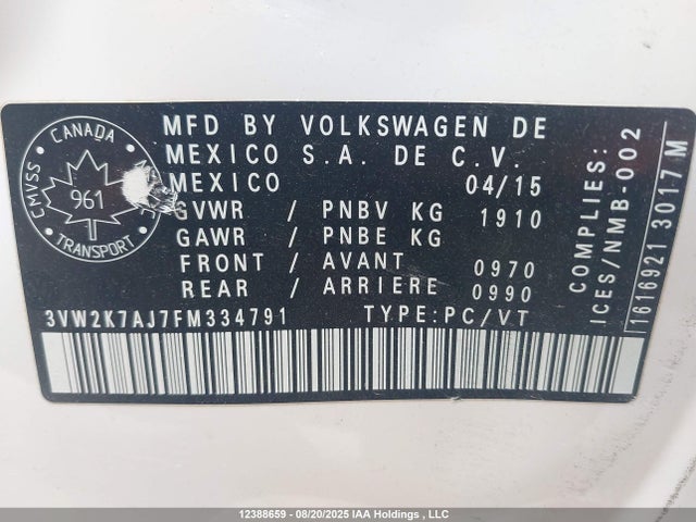 Volkswagen 2015 2015 3VW2K7AJ7FM334791 Image 9