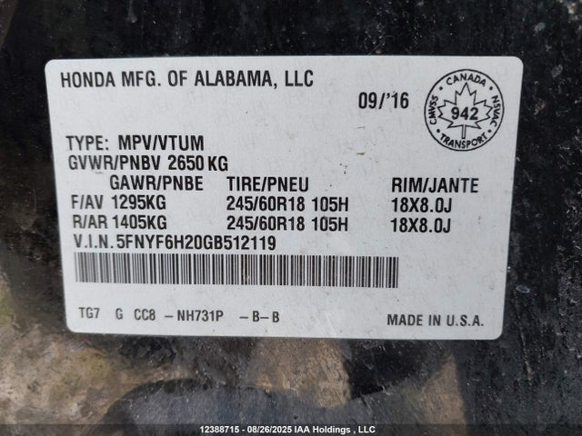 5FNYF6H20GB512119 Honda j35y6