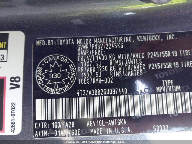 Toyota 1ar-fe 2016 4T3ZA3BB2GU097440 Image 9
