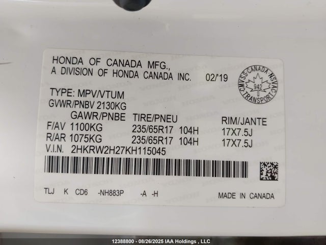 2HKRW2H27KH115045 Honda k24w9/k24v9