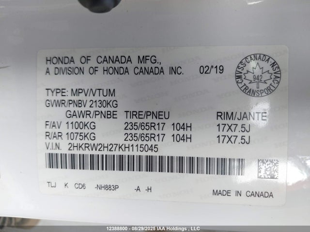 2HKRW2H27KH115045 Honda k24w9/k24v9