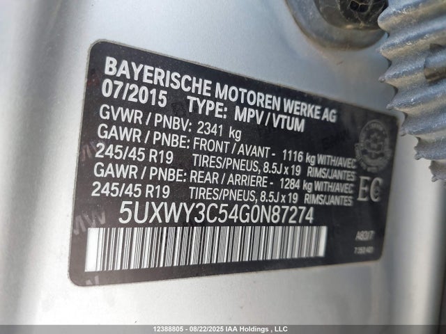 5UXWY3C54G0N87274 BMW 2016
