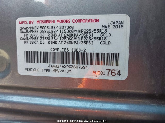 JA4JZ4AX2GZ607594 Mitsubishi mivec