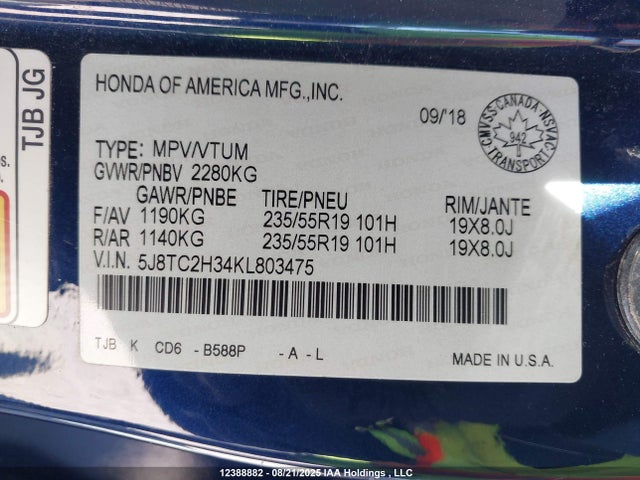 Acura k20c4 2019 5J8TC2H34KL803475 Image 9