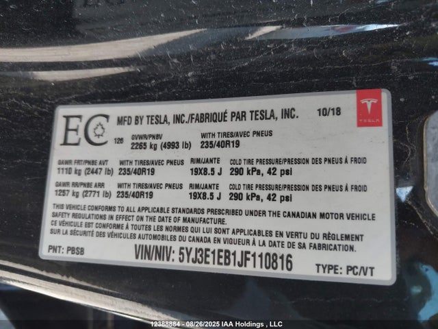 5YJ3E1EB1JF110816 Tesla MODEL 3