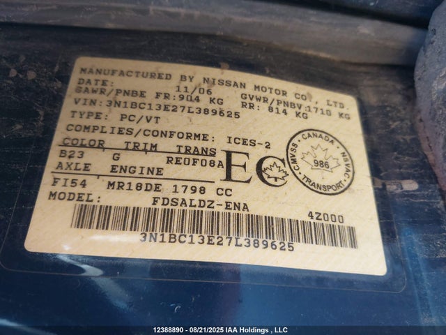 Продажа на аукционе авто 2007 Nissan Versa, vin: 3N1BC13E27L389625, номер лота: 12388890