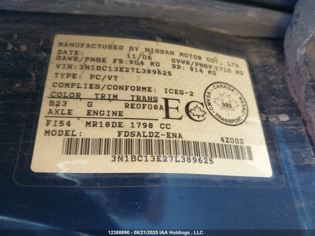 Продажа на аукционе авто 2007 Nissan Versa, vin: 3N1BC13E27L389625, номер лота: 12388890