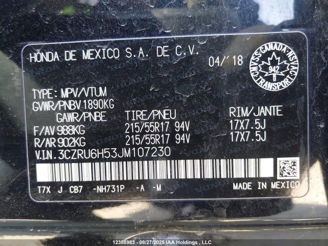 3CZRU6H53JM107230 Honda r18z9