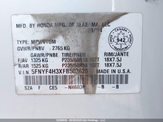 Honda j35z4 2015 5FNYF4H3XFB503620 Image 18