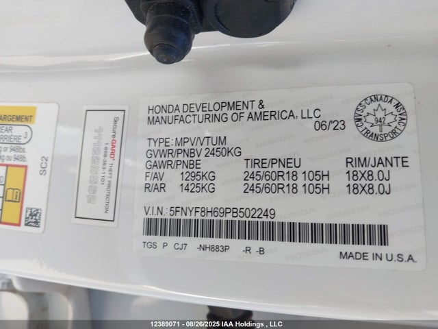 Honda j35y6 2023 5FNYF8H69PB502249 Image 9