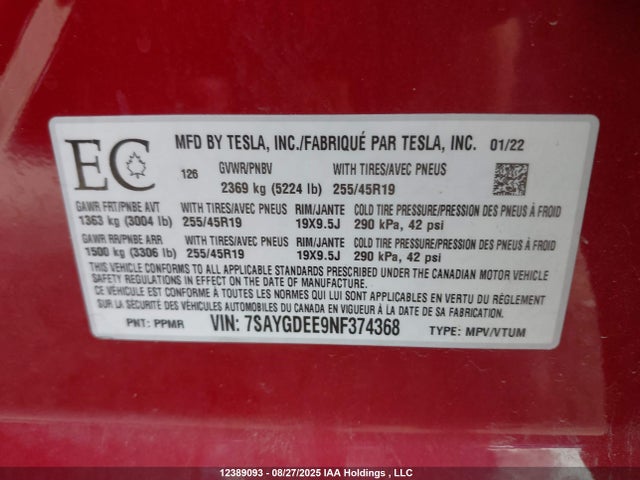 7SAYGDEE9NF374368 Tesla Model Y