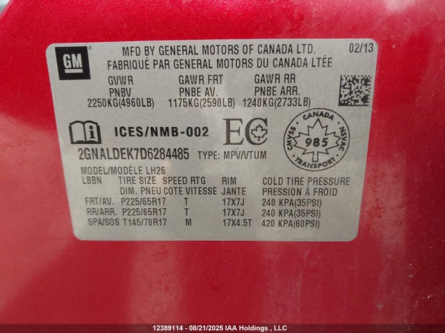 2013 Chevrolet Equinox მანქანა იყიდება აუქციონზე, vin: 2GNALDEK7D6284485, აუქციონის ნომერი: 12389114