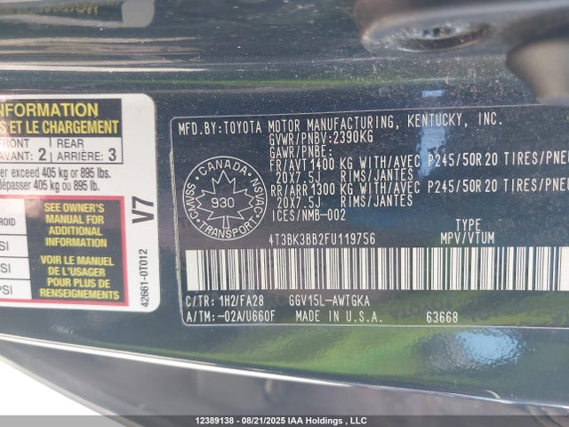 Toyota 2gr-fe 2015 4T3BK3BB2FU119756 Image 9