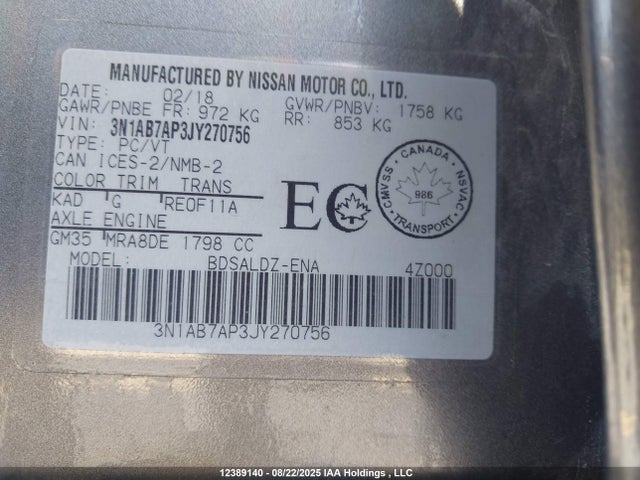 3N1AB7AP3JY270756 Nissan Sentra