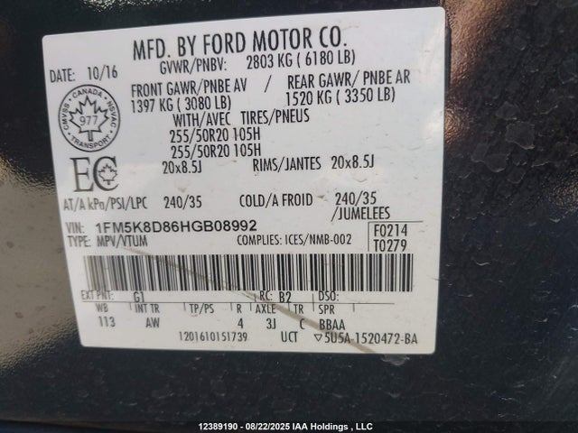 Ford 3.5l ti-vct 2017 1FM5K8D86HGB08992 Image 9