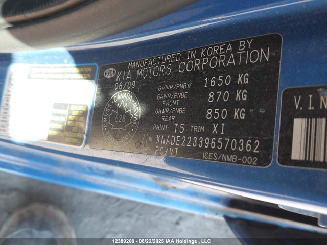 12389200 :رقم المزاد ، KNADE223396570362 vin ، 2009 Kia Rio مزاد بيع