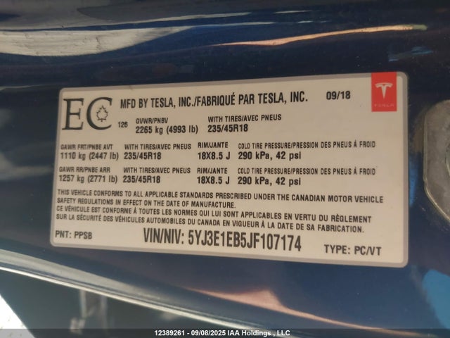 5YJ3E1EB5JF107174 Tesla MODEL 3