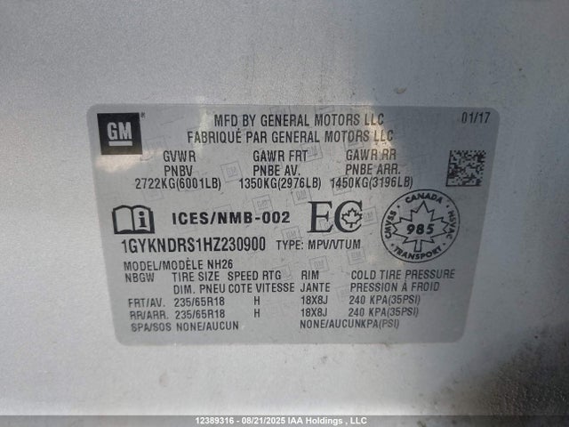1GYKNDRS1HZ230900 Cadillac lgx - di: direct injection, vvt: variable valve timing, alum, gen 2
