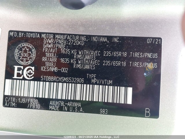 5TDBBRCH5MS532906 Toyota Highlander Hybrid Le