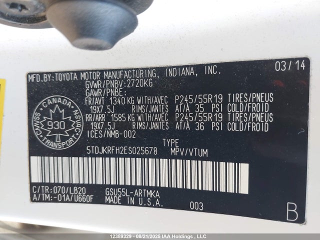 Toyota 2gr-fe 2014 5TDJKRFH2ES025678 Image 9