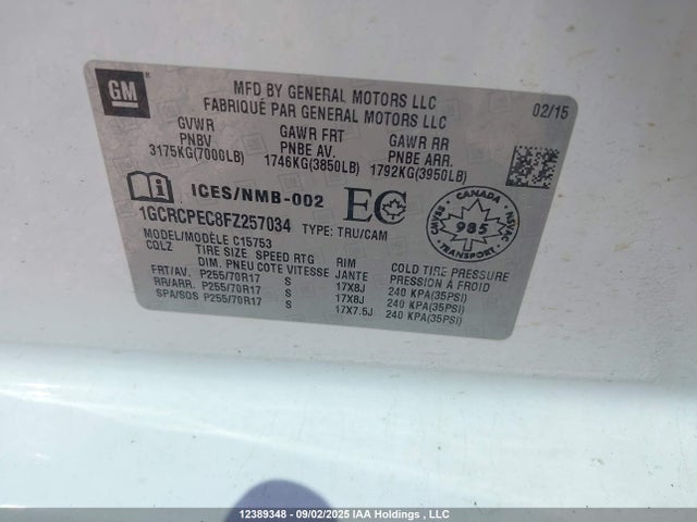1GCRCPEC8FZ257034 Chevrolet l83 - vvt, active fuel management, aluminum