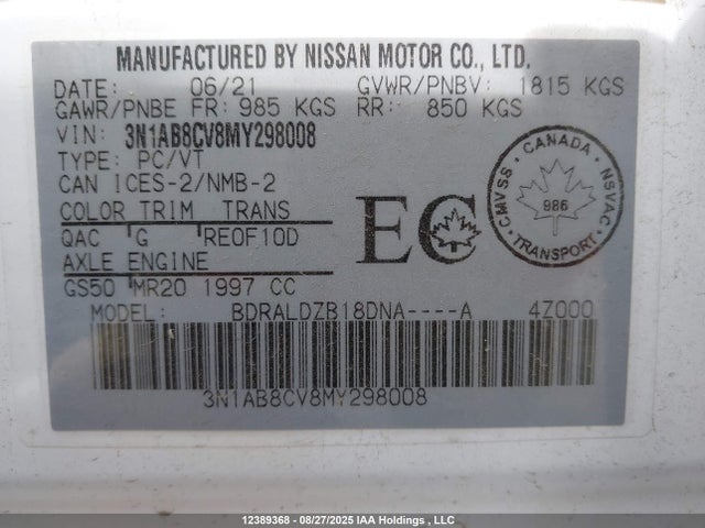 3N1AB8CV8MY298008 Nissan Sentra