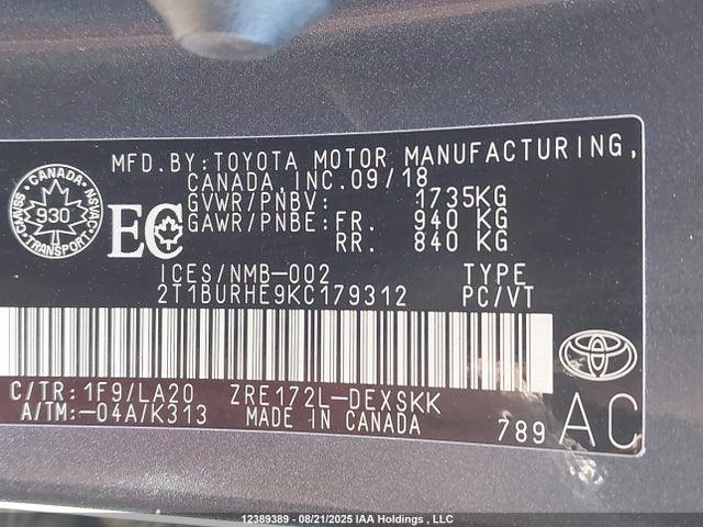 2T1BURHE9KC179312 Toyota 2zr-fe